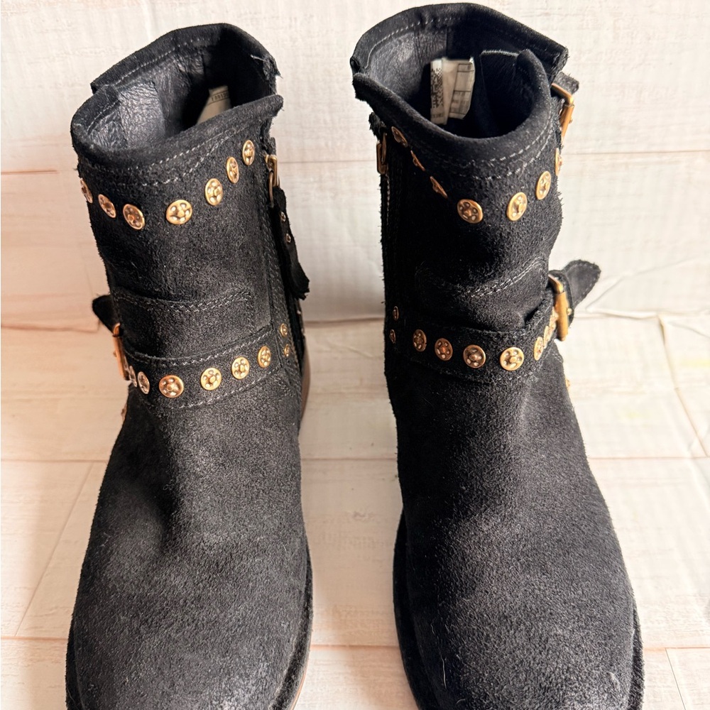 UGG Black Suede Moto Boots with Gold AccentsUGG boots Fur inside bottom